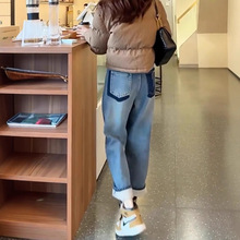 加绒加厚哈伦牛仔裤女秋冬新款保暖显瘦高腰撞色设计感直筒老爹裤