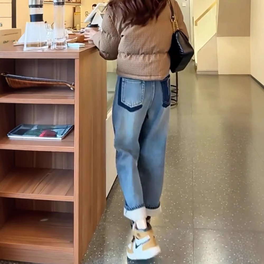 加绒加厚哈伦牛仔裤女秋冬新款保暖显瘦高腰撞色设计感直筒老爹裤