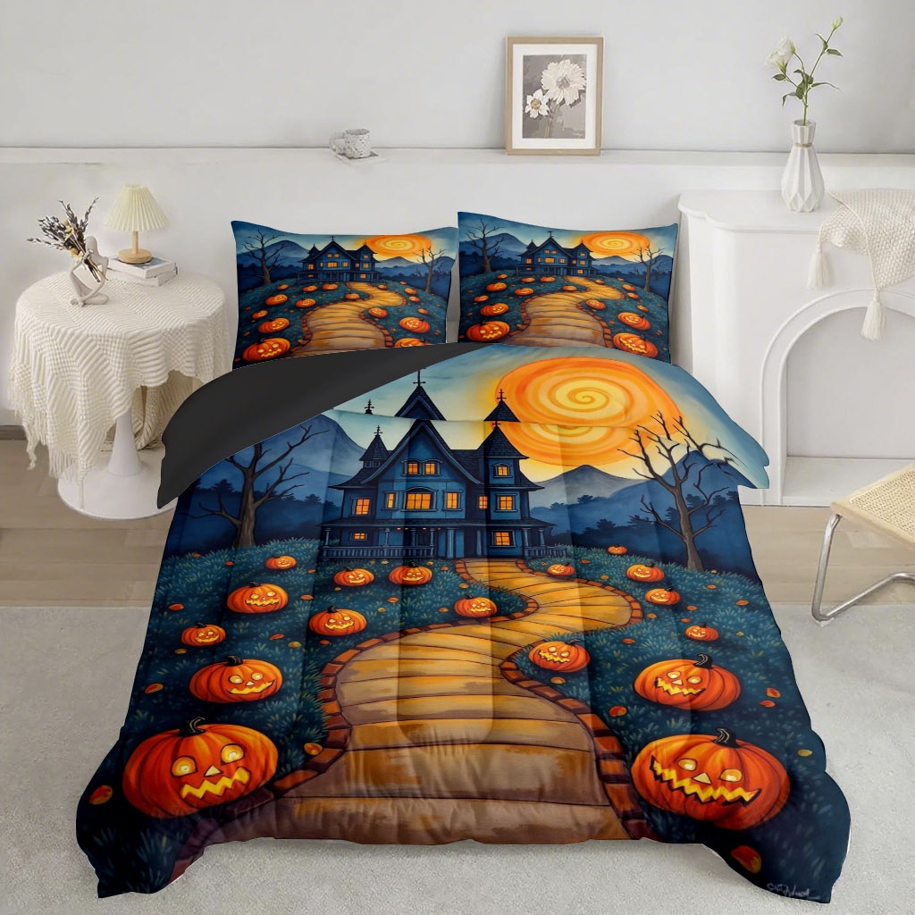 TEMU / JIT transfronterizo Halloween 3D impresión digital 180gms colcha colcha almohada conjunto de dibujo se puede ajustar