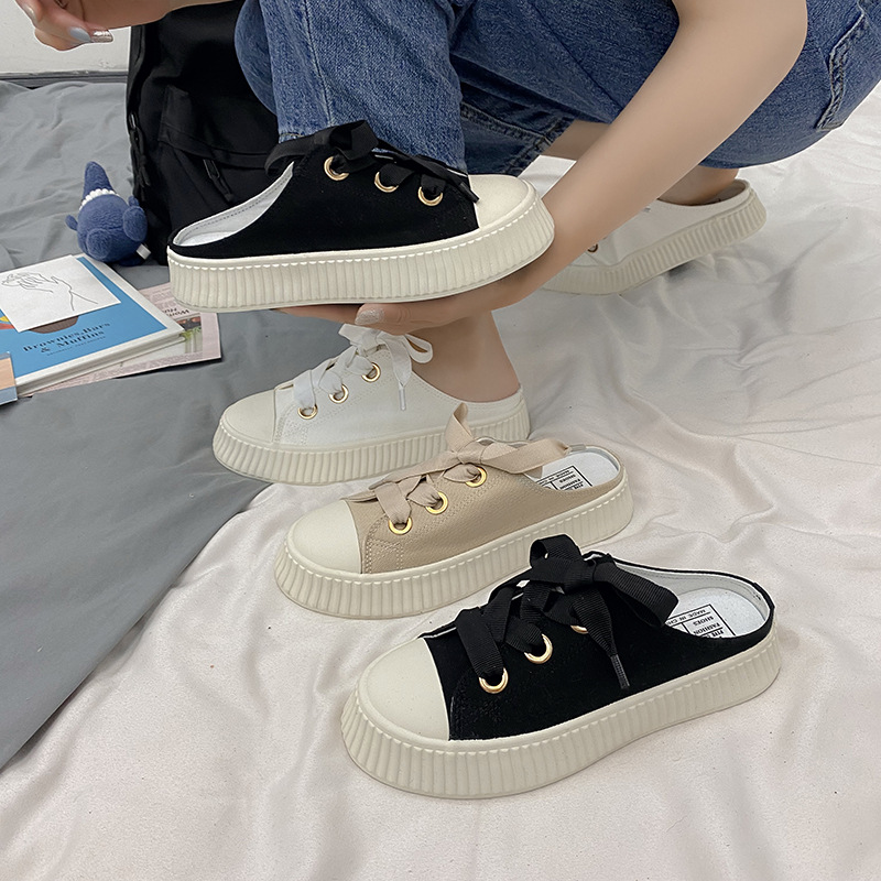 FCS2021春夏季新款休闲系带大鞋眼蝴蝶结帆布鞋女鞋F6072