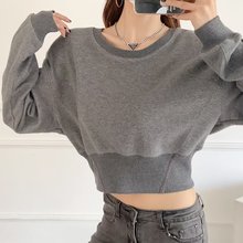 短款宽松双股套头卫衣女2022秋新款欧美ins收腰显瘦圆领套头上衣