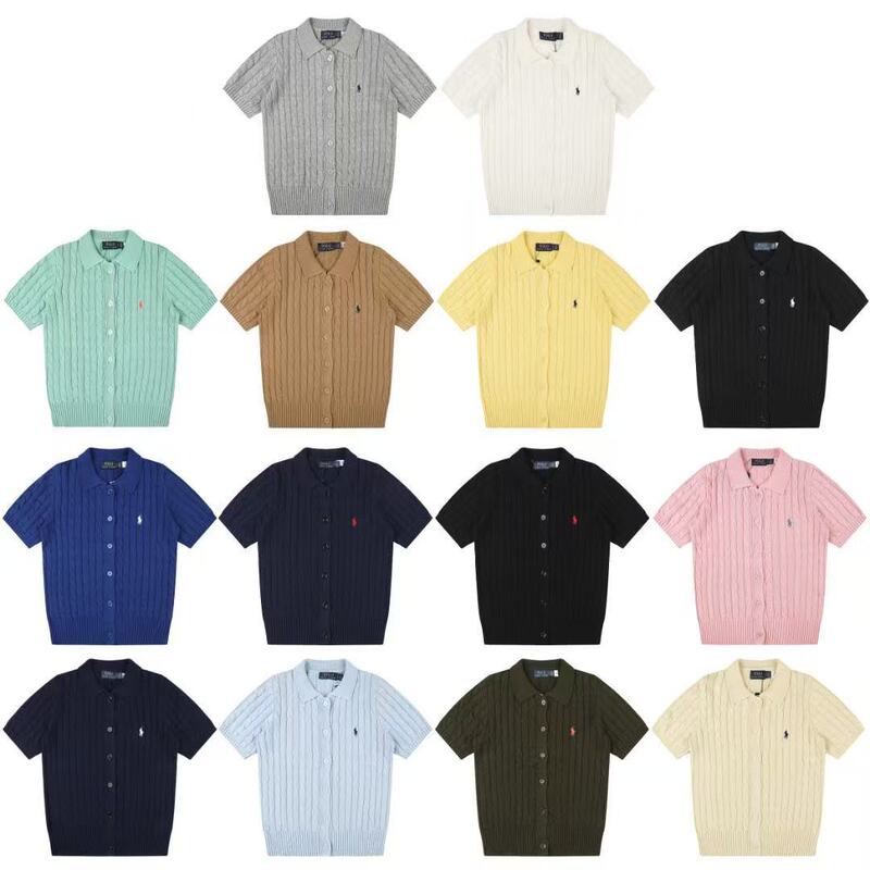 Cross-Border Qr Code Scannable Rl Ralph Lauren Pony Embroidered Logo Polo Knit Cardigan Short-Sleeve Women's Top