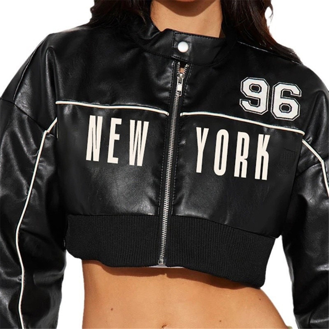 Women's Slim Fit Short Zip up Leather Jacket Autumn Fashion Print Patchwork Outerwear_ecoleips.com