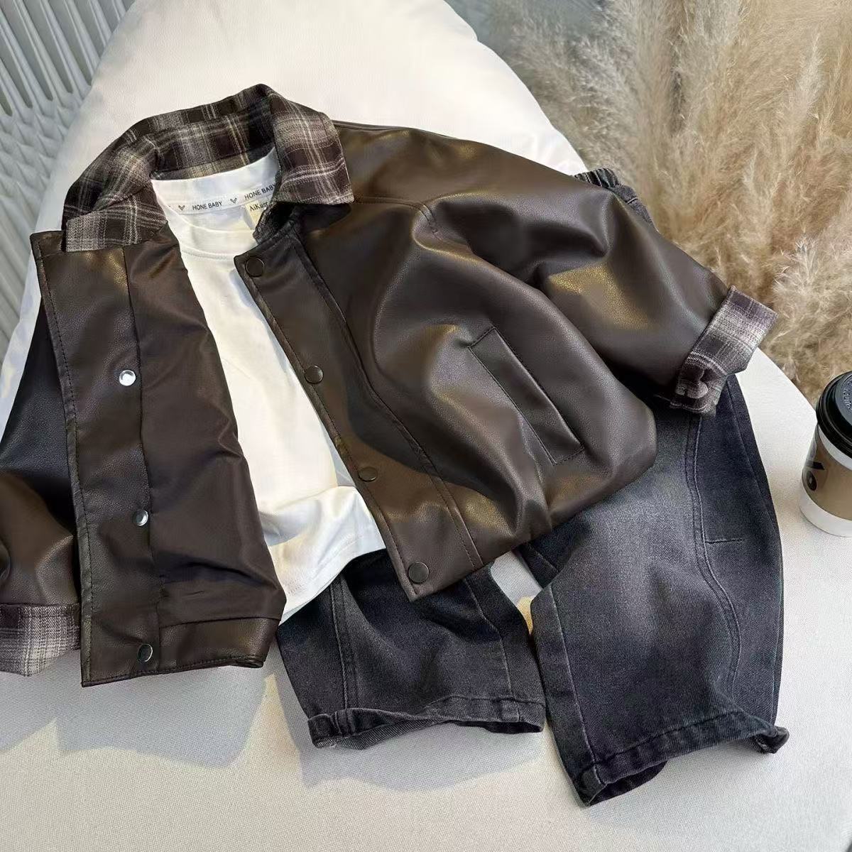 Chaqueta de cuero de la solapa de los niños, chaqueta de niños, chaqueta de primavera y otoño, chaqueta de cuero a cuadrícula, chaqueta de primavera y otoño image 2