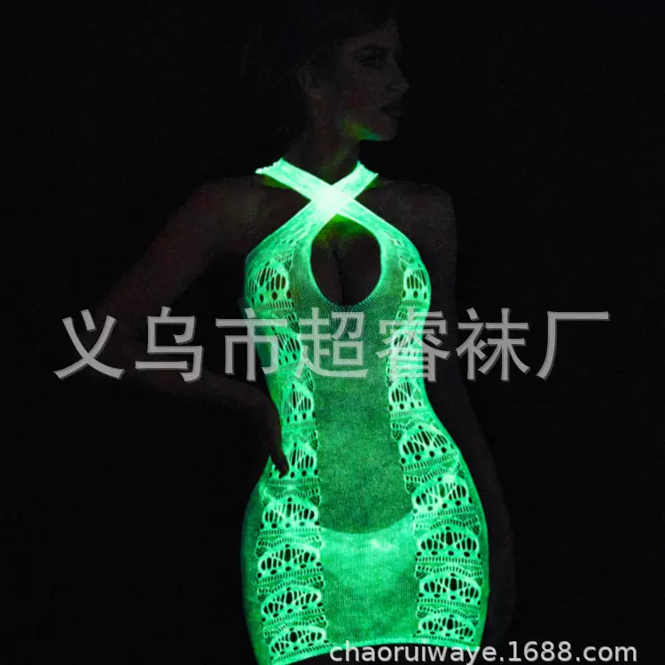 欧美情趣内衣性感交叉套装镂空深V夜光连身袜开档免脱连体网袜