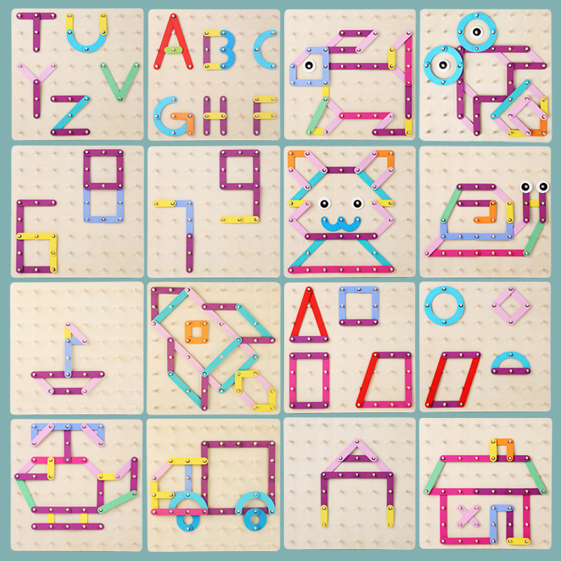 Montessori de madera geométrica creativa tablero de uñas rompecabezas infantil tablero de dibujo gráfico dos en uno educación temprana juguetes cognitivos educativos