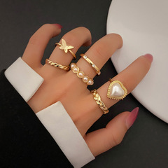 New Fashion Light Luxury Ring Set for Women, Uncommon Butterfly Pearl Heart Knuckle Ring, Wholesale