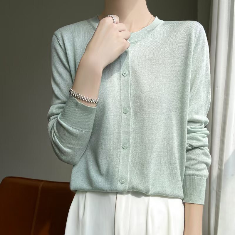 New Fine-Spun Tencel Wool Round Neck Cardigan for Women, Loose and Versatile Long-Sleeved Knitwear Pullover Bottoming Top