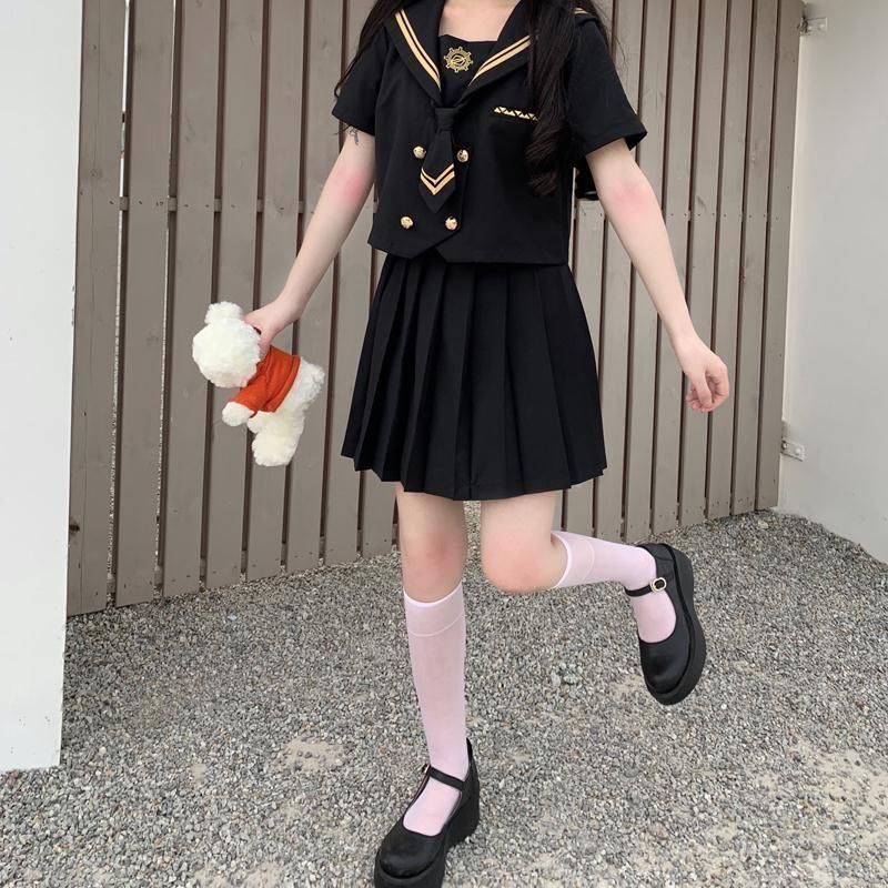 沙河【两件套装】夏季新款黑暗系j制服学院风学生水手领上衣百褶|undefined