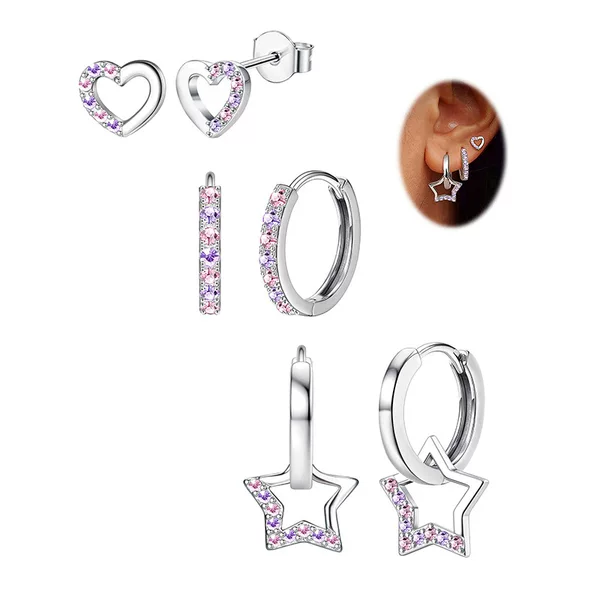 Five-pointed star earrings for women, hollow star heart-shaped ear cuffs, European and American simple zircon earrings, diamond-studded hoop earrings and drop earrings set