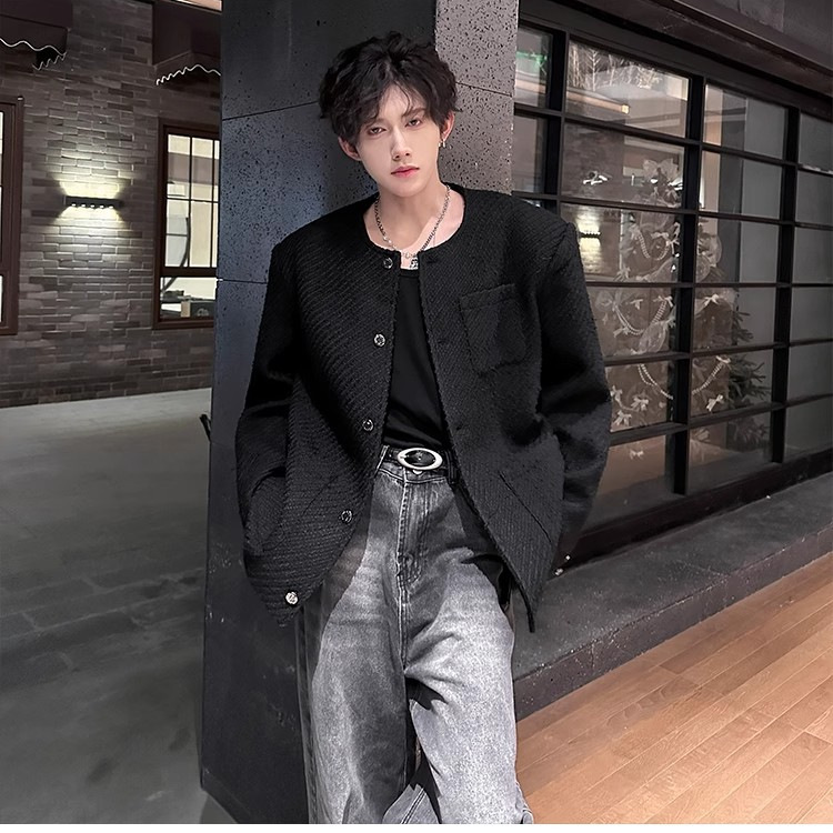 2025 새로운 틈새 슬림 화이트 모직 작은 향기로운 재킷 남성 칼라리스 하이 엔드 디자인 어깨 패딩 재킷