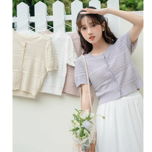 女法式紫色圆领短袖t恤针织衫夏季泡泡袖独特别致上衣小个子短款