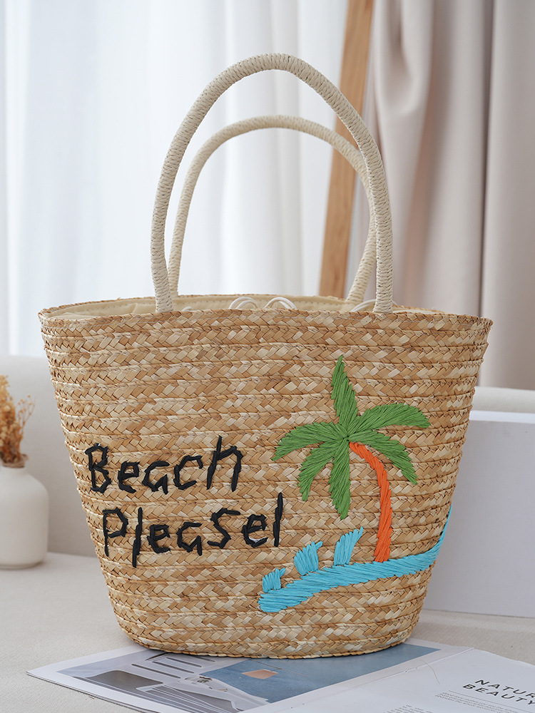 新しい夏の編みバッグ、麦わらバッグ、海辺の休暇にぴったりの編み刺繍入りレディース麦わらバッグ、インスタ映えするハンドバッグ