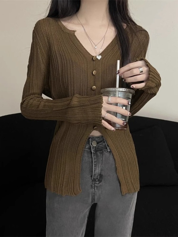 韩版V领肌理感冰丝针织衫开叉上衣女秋薄款小众设计防晒t恤罩衫|undefined