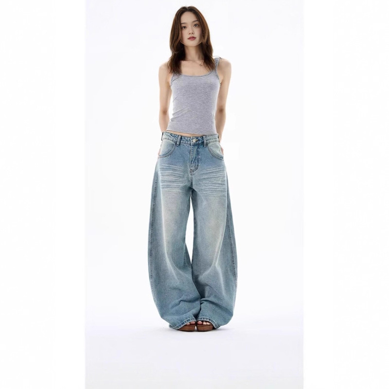 Blue Low-Waist Wide-Leg Jeans for Women in Early Spring New Loose Street Boyfriend Style Drapey Versatile Slimming Straight Pants