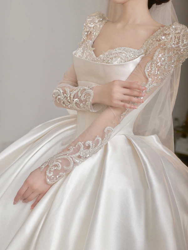 Long-Sleeved Main Wedding Dress 2025 New Bride Small French Satin High-Quality Palace Style Large Tail Summer Long-Sleeved Main Wedding Dress 2025 New Bride Small French Satin High-Quality Palace Style Large Tail Summer