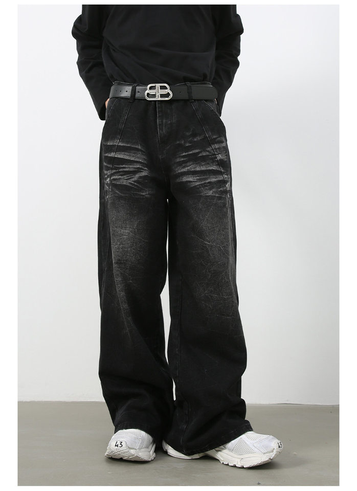 Quần jean nam ống đứng rộng rãi phối mảng giải cấu trúc, denim giặt nước — Đen xám chi tiết 10