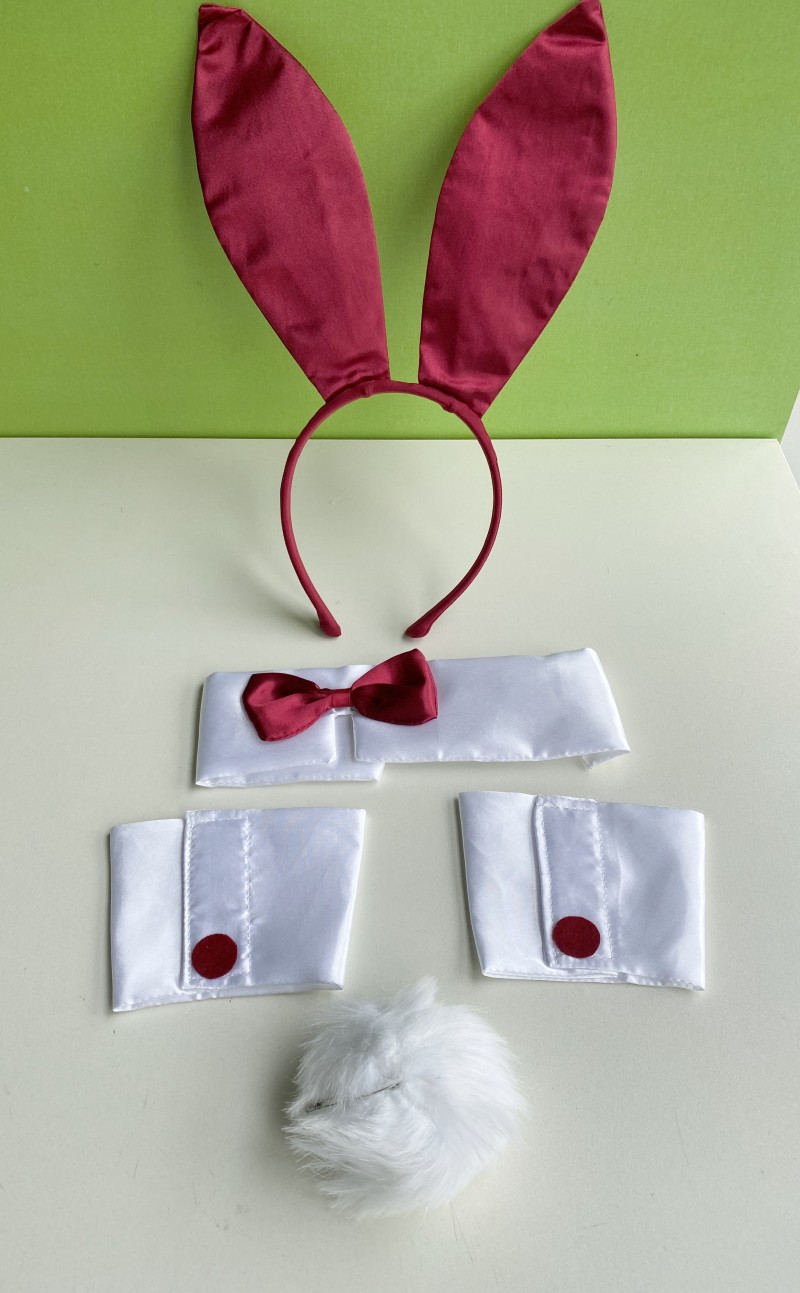 万圣节装扮cosplay套装 复活节酒红色兔耳朵头箍 +围脖+袖套+尾巴