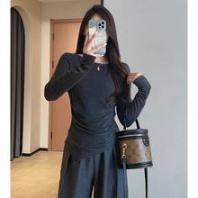 设计感不规则下摆褶皱收腰显瘦船领长袖T恤女25秋冬B0919G