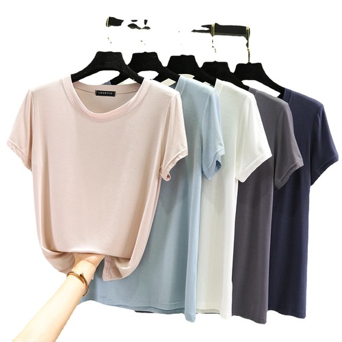 Summer Modal Crew Neck Short Sleeve Basic Women's Top Korean Style Plain Color Simple Large Size Loose Base Shirt