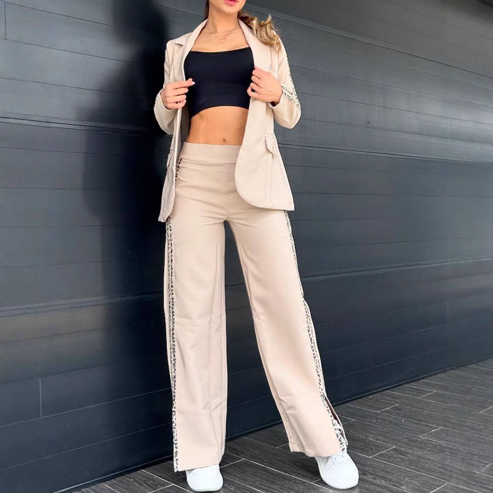 Women's Clothing print webbing stitching casual commuter lapel suit wide leg trousers_voghion.com