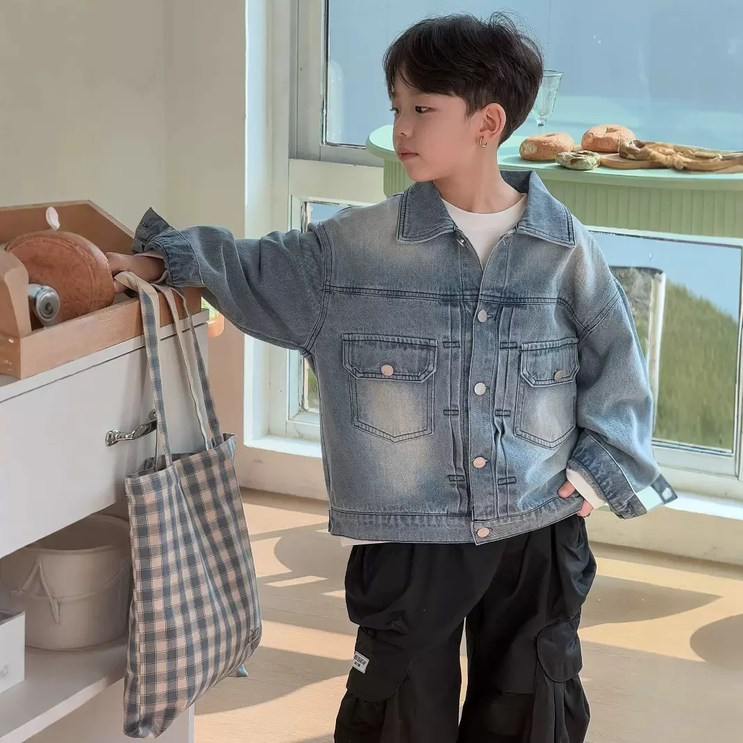 25春新款中小童男童韩国童装复古蓝色宽松小众夹克长袖牛仔外套