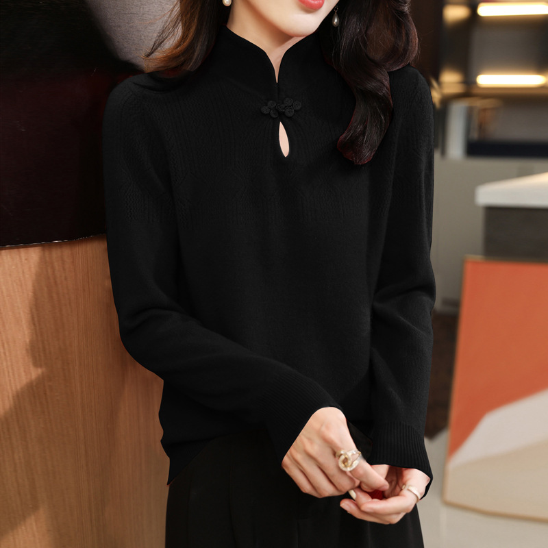 Chinese style retro buckle women's pure wool sweater women's autumn and winter gentle style stand collar bottoming sweater top