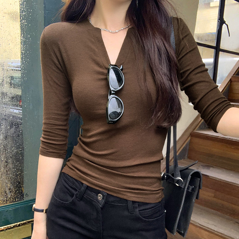 漂亮V领修身辣妹薄T恤女初秋新款美式高级感长袖chic上衣|undefined
