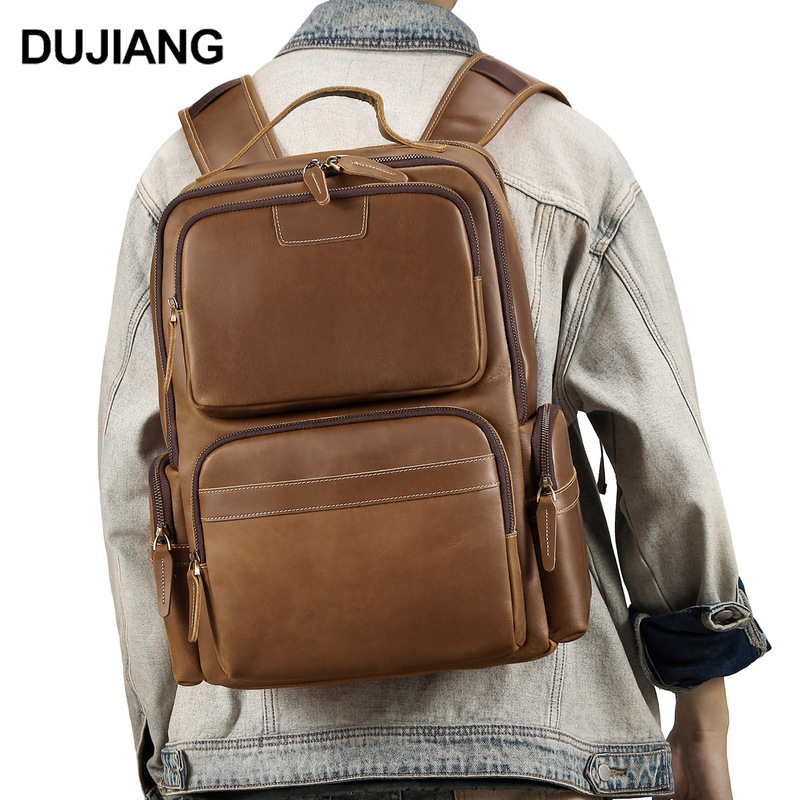 Crazy Horse Leather Business Backpack 14inch Large Capacity Laptop Bag Multifunctional Casual Men's Backpack