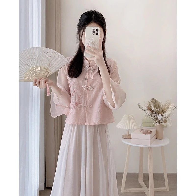 Summer New Chinese Style Suit, Feminine Improved Cheongsam, Hanfu, Chinese Style Top, Slimming and Beautiful Skirt Two-Piece Set