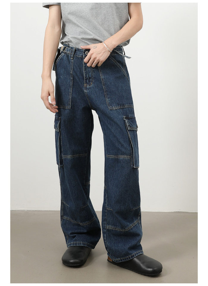 Quần jeans nam ống rộng thẳng phong cách đường phố, nhiều túi, lưng giữa eo — màu xanh đậm chi tiết 7