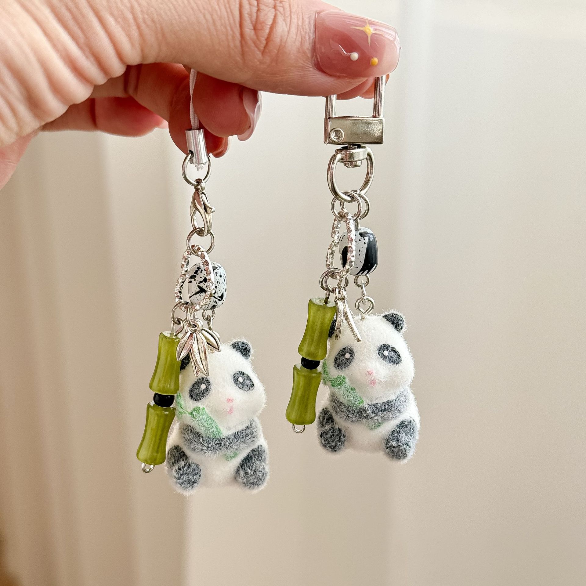 Cute Flocked Panda Phone Pendant Auspicious Bamboo Keychain Niche Backpack Decoration
