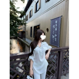 CHIYOUboyfriend白衬衫"白色莱赛尔亚麻微透视性感绑带宽松上衣
