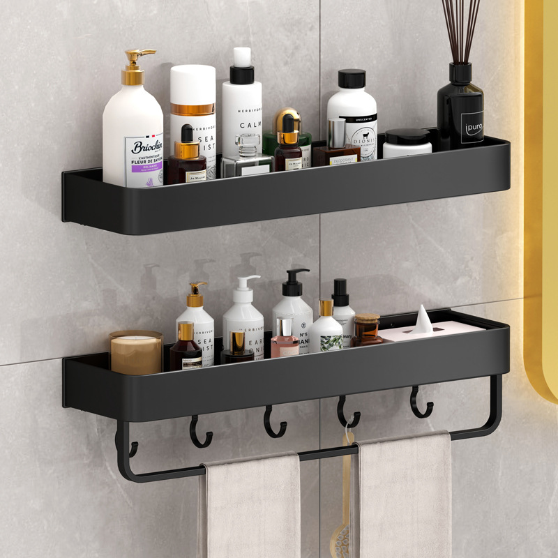 Estante de baño sin taladro, toallero negro de pared, organizador para lavabo o aseo