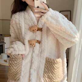 秋冬加厚加绒保暖珊瑚绒可爱泰迪熊睡衣套装舒适软糯糯女士家居服