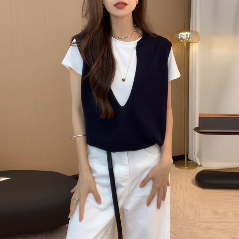 假两件短袖针织衫t恤女大码夏季胖mm冰丝薄款宽松显瘦上衣|undefined
