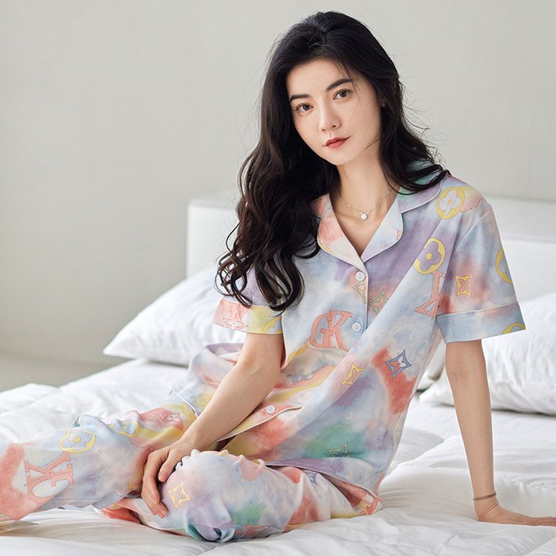 100% pijamas de algodón de verano de las mujeres pantalones de manga corta cardigan dulce verano Delgado homewear traje