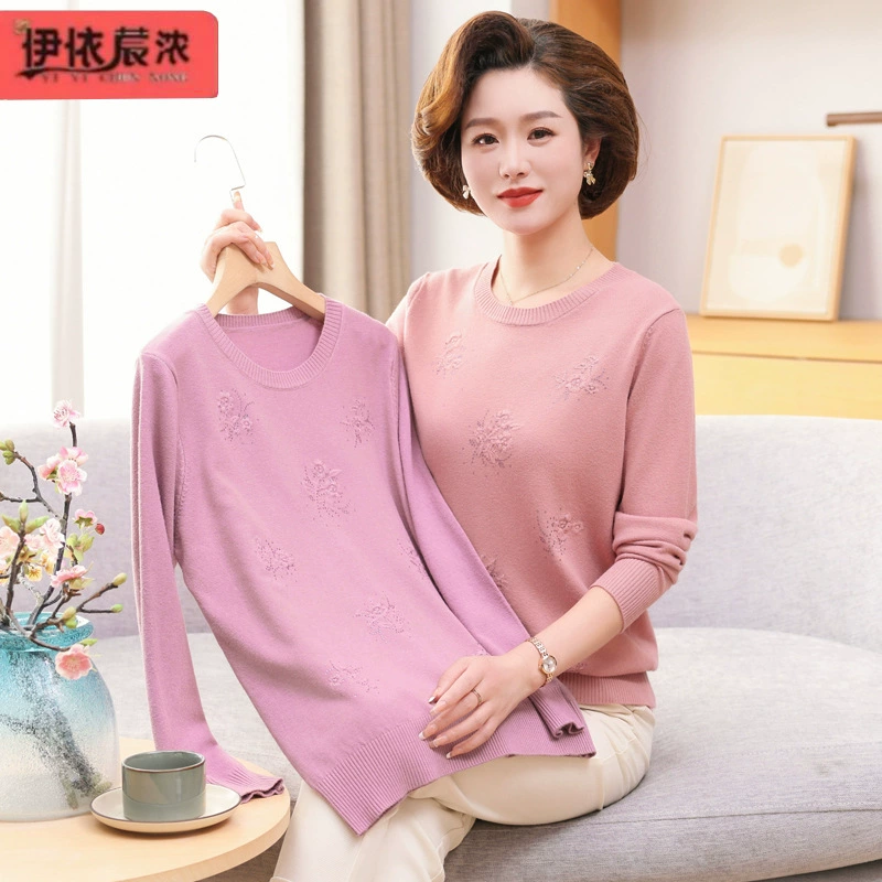 Весна 2024 новый свитер с круглым вырезом, тонкий костюм для мамы, женщины среднего и пожилого возраста, однотонный простой свитер для верхней одежды