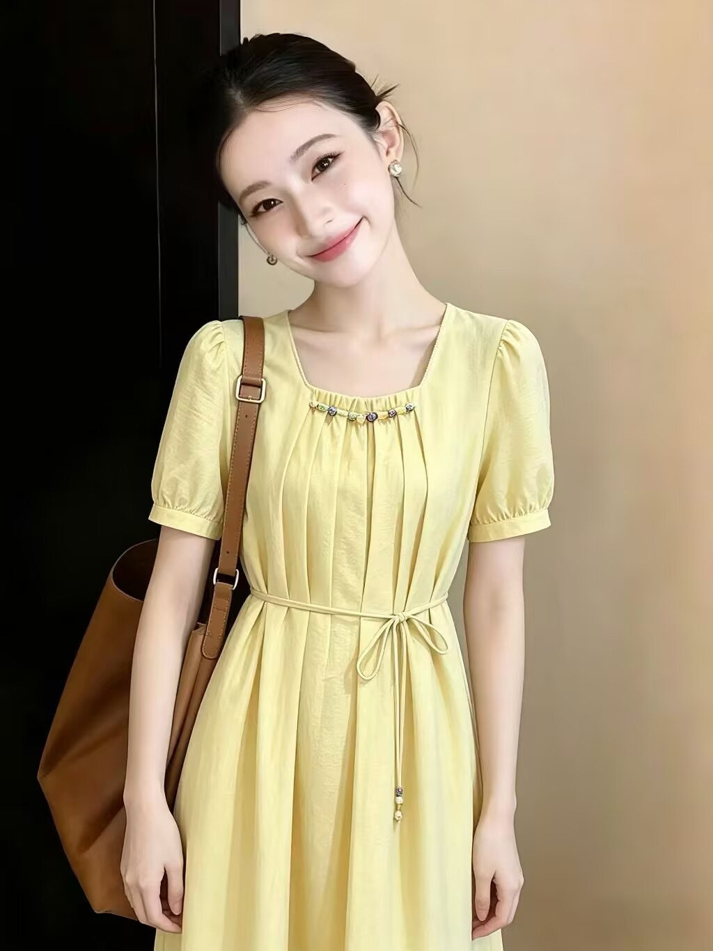 Váy suông cổ vuông tay bồng ngắn kiểu Pháp — xanh lam