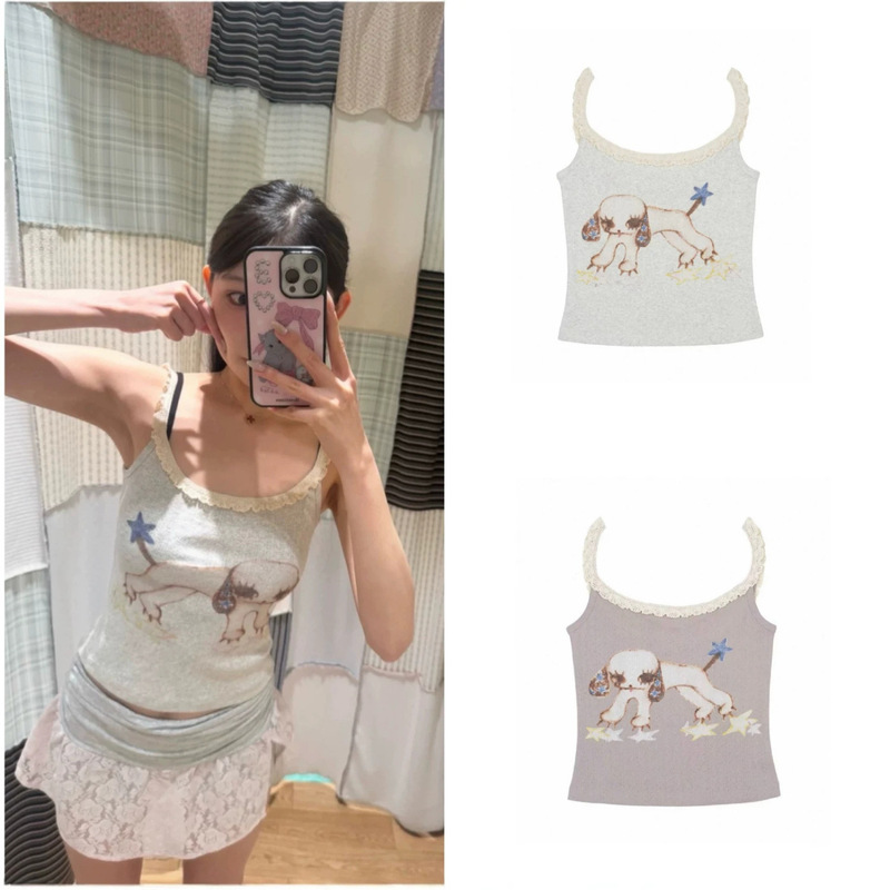 26 New Summer Style Korean Retro Lace Trim Dog Print Elastic Camisole Women's Slim Fit Top 26 New Summer Style Korean Retro Lace Trim Dog Print Elastic Camisole Women's Slim Fit Top