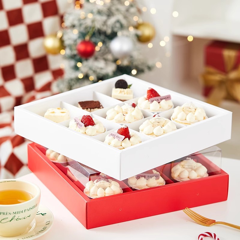 圣诞节手提九宫格礼物纸盒新年雪花酥牛轧糖盒马芬杯小蛋糕包装盒