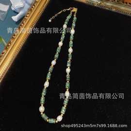 南洋中古Vintage绿色天然石天然珍珠圆片珠串项链日常气质套装