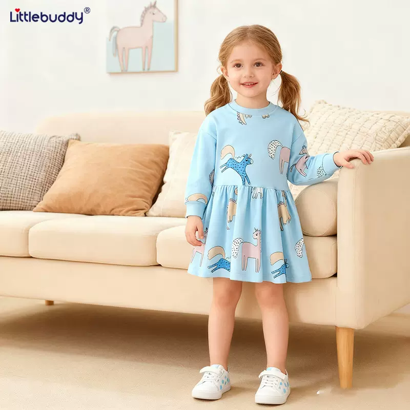 跨境littlebuddy春秋长袖儿童欧美风童裙  公主裙连衣裙 一件代发
