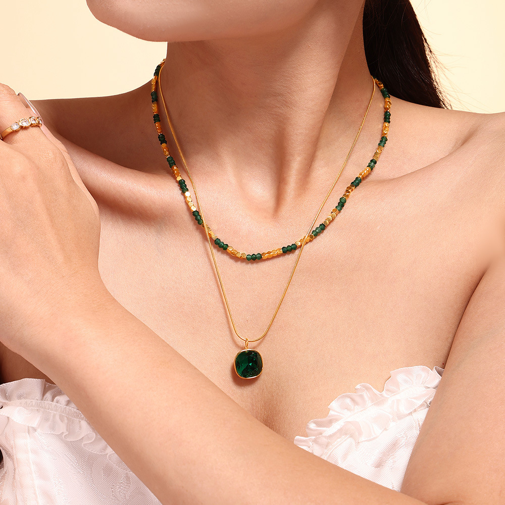 Natural Stone Bead Crystal Pendant Necklace, Stainless Steel Versatile, Double-layer Layered Collarbone Chain Necklace, Necklace Accessory_voghion.com