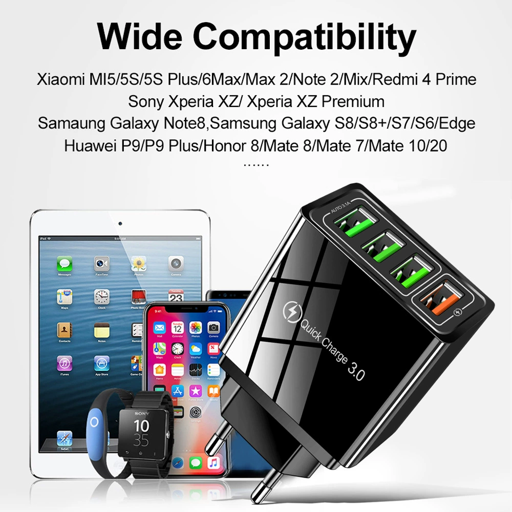 Быстрое зарядное устройство для мобильного телефона 45W QC3.0 с 4 USB, 5.1A, британский стандарт, путешествующая головка адаптера