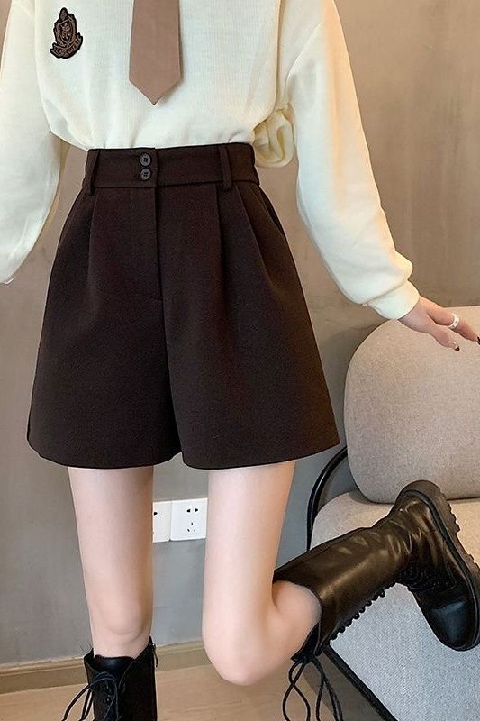 秋冬款女新款黑色毛呢短裤高腰宽松显瘦冬季半身裙爱家时尚女装裤