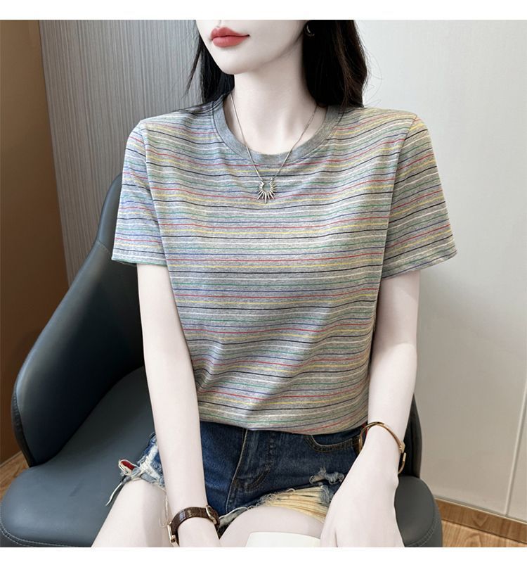 Striped T-shirt Large Size Women's Clothing New Summer Clothing Foreign Style Shirt Age-reducing Casual Loose T-shirt Short-sleeved Top_ecoleips.com