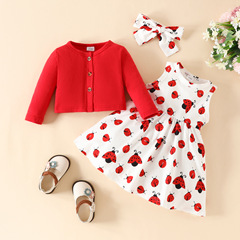 Baby and Toddler Autumn New Solid Color Long Sleeve Cardigan Coat Beetle Sleeveless Dress Ladybug Print Set Dress