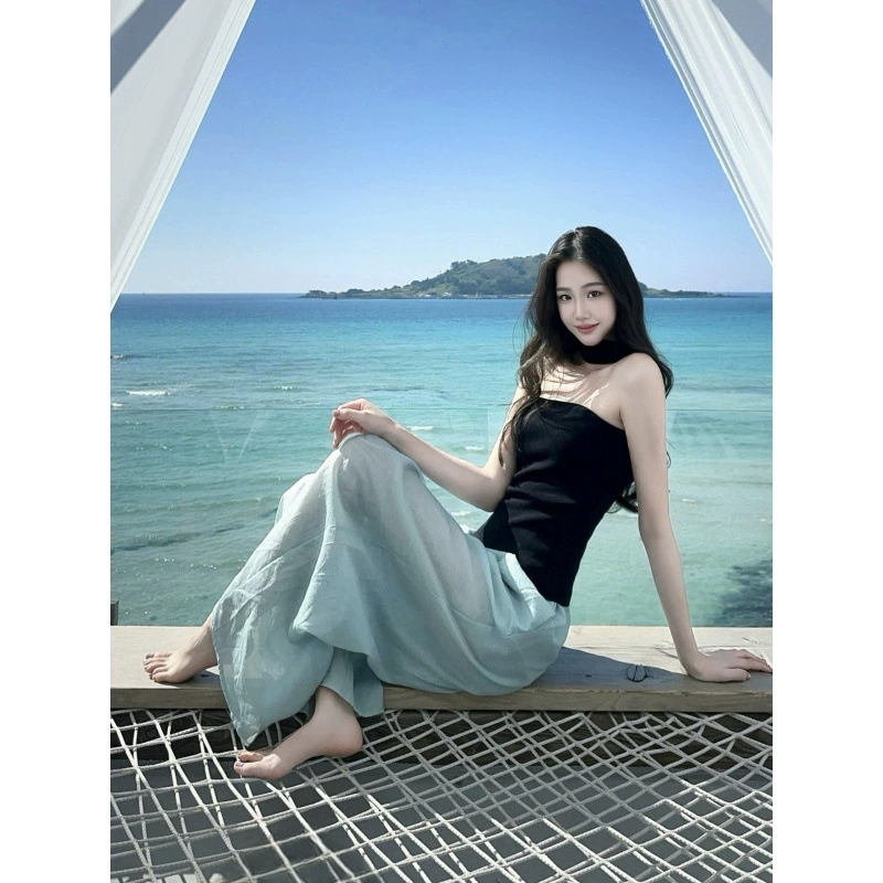 Летний красивый и уникальный облегающий топ для горячих девушек с воротником-стойкой, жилет, ленивые свободные широкие брюки длиной до пола, костюм из двух предметов для женщин