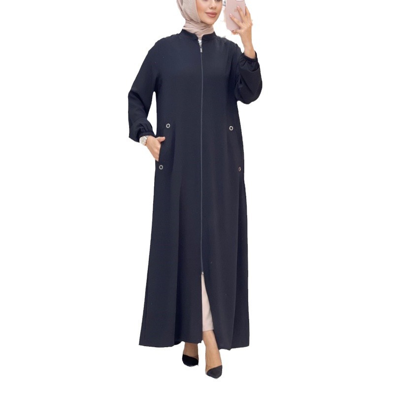 In Stock In Dubai, Middle East, 2024 New Fashion Stand-up Collar Zippered Pocket Loose Casual Dress Women's Robe_ecoleips.com
